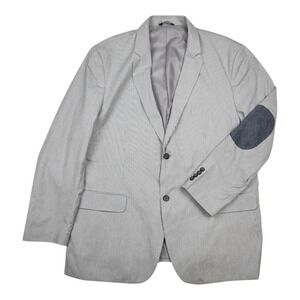 Tasso Elba Seersucker Blazer Jacket Sz XXL 50-52 White Blue Stripe Elbow Patches